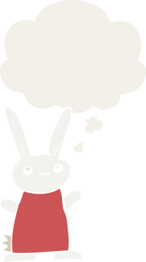 Bir insan tarafından çizilmiş düşünce baloncuklu sevimli çizgi film tavşanı.