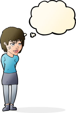 Yüzünde alçı olan, bir insan tarafından çizilmiş düşünce balonu olan karikatür kadın.