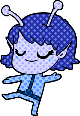 Bir insan tarafından çizilmiş gülümseyen uzaylı kız çizgi filmi.