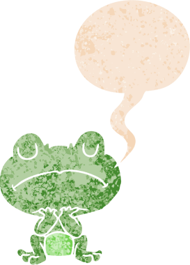 grunge 'da konuşma baloncuğu olan karikatür kurbağası bir insan tarafından çizilmiş dertli retro stil.