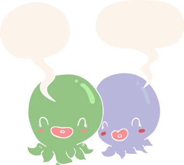 İki çizgi film ahtapotunun insan tarafından çizilmiş retro tarzı konuşma balonu.