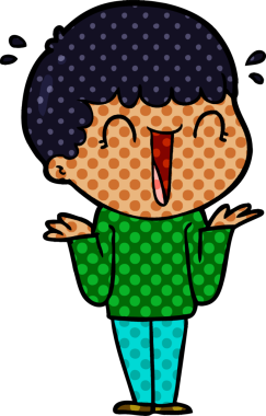 Bir insan tarafından çizilmiş omuzlarını silkeleyen gülen çizgi film adamı.