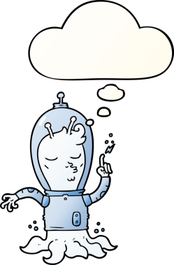 Bir insan tarafından çizilmiş yumuşak eğimli düşünce baloncuklu bir uzaylı çizgi filmi.