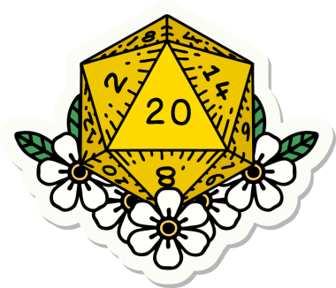 Bir insan tarafından çizilmiş geleneksel bir d20 dövmesi çıkartması.