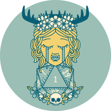 Retro Dövme Tarzı Hüzünlü Yarı Ork Druid Karakteri Bir zar bir insan tarafından çizilmiş