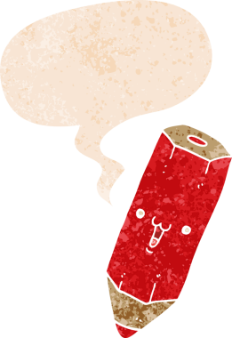 Bir insan tarafından çizilmiş grunge sıkıntılı retro desenli konuşma baloncuklu mutlu çizgi film kalem