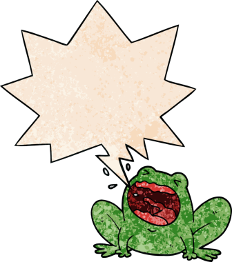 Bir insan tarafından çizilmiş eski moda bir konuşma balonuyla bağıran çizgi film kurbağası.