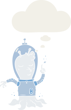 Düşünce baloncuğu olan uzaylı çizgi filmi bir insan tarafından çizilmiş.