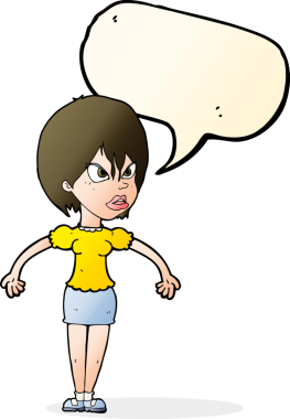 Bir insan tarafından çizilmiş konuşma baloncuğuyla rahatsız bir kadın.