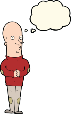 Bir insan tarafından çizilmiş düşünce balonlu komik kel adam.