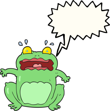 Bir insan tarafından çizilmiş serbest konuşma balonu karikatürü. Komik, korkmuş kurbağa.