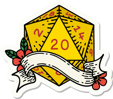 Bir insan tarafından çizilmiş 20 D20 zarının çıkartması.