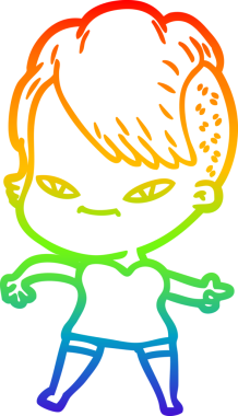 Gökkuşağı gradyan çizimi. Hipster saç kesimi bir insan tarafından çizilmiş şirin bir çizgi film kızı.