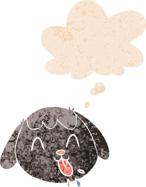 Düşünce baloncuklu çizgi film köpeğinin yüzü bir insan tarafından çizilmiş dertli retro desenli.