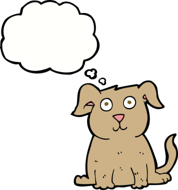 Bir insan tarafından çizilmiş düşünce balonlu mutlu bir köpek.