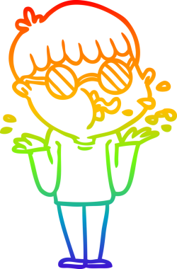 Gökkuşağı gradyan çizgi çizimi gözlüklü bir çocuk bir insan tarafından çizilmiş omuz silkiyor.