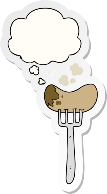 İnsan tarafından çizilmiş bir çıkartma olarak düşünce baloncuklu sosis ve çatal.