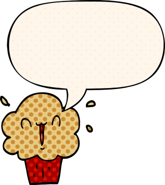 Bir insan tarafından çizilmiş çizgi roman tarzında konuşma balonlu kek.