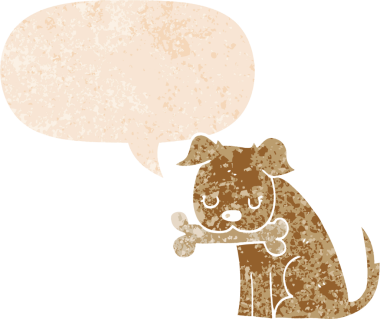 Bir insan tarafından çizilmiş grunge dertli retro tarzı konuşma baloncuğu ile çizgi film köpeği