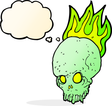 Bir insan tarafından çizilmiş düşünce baloncuklu garip kafatası.