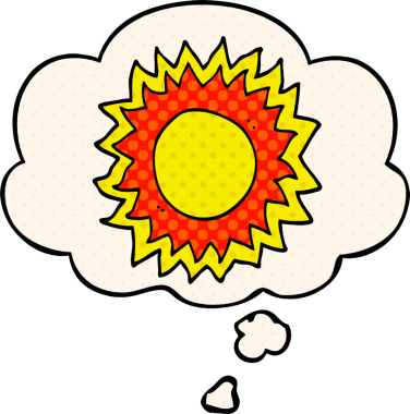 Bir insan tarafından çizilmiş çizgi roman tarzında düşünce baloncuklu çizgi film güneşi.