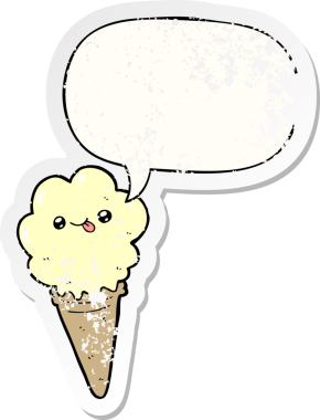 Konuşma balonlu çizgi film dondurması bir insan tarafından çizilmiş sıkıntılı eski bir çıkartma