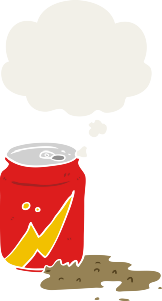 Düşünce baloncuğu olan karikatür soda kutusu insan tarafından çizilmiş.