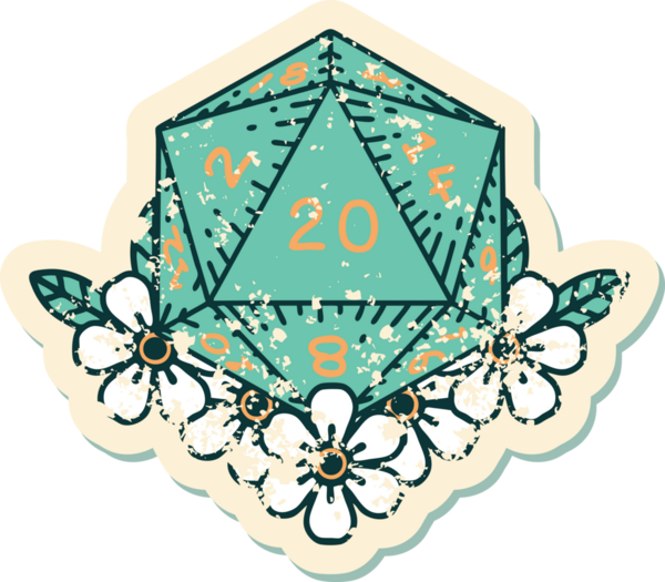 Bir insan tarafından çizilmiş çiçek elementleriyle 20 D20 zarının grunge sticker 'ı.