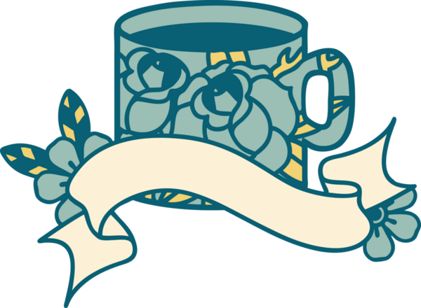 Geleneksel dövmeli bir kupa ve bir insan tarafından çizilmiş çiçekler.