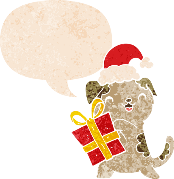 Noel hediyeli şirin bir çizgi film köpeği ve grunge 'da konuşma baloncuğu olan bir şapka bir insan tarafından çizilmiş kederli retro dokuma tarzı.