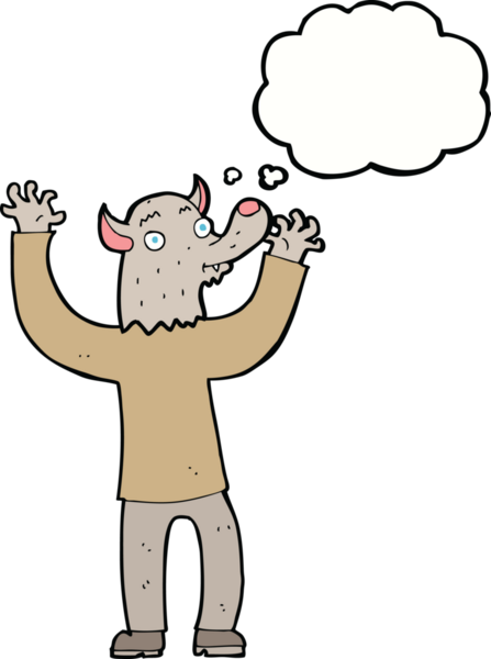 Bir insan tarafından çizilmiş düşünce balonlu mutlu kurtadam adam.