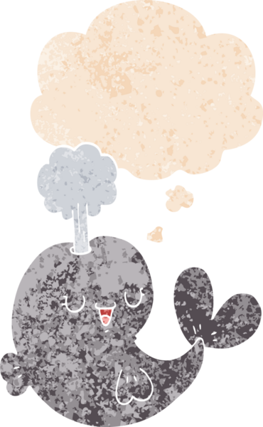 Düşünce baloncuklu çizgi film balinası grunge sıkıntılı retro dokulu bir insan tarafından çizilmiş