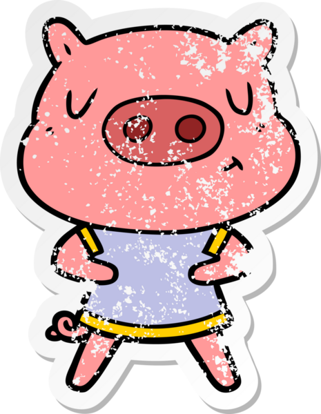 Karikatür içerikli bir domuzun sıkıntılı çıkartması. Bir insan tarafından çizilmiş tişört.