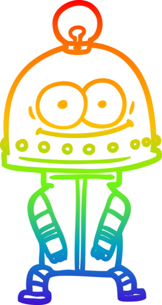 Gökkuşağı gradyan çizgisi mutlu bir karton robot çizimi ve bir insan tarafından çizilmiş ampul.