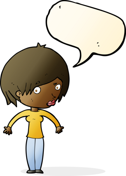 Bir insan tarafından çizilmiş bir konuşma balonuyla omuz silken karikatür kadın.