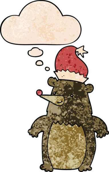 Bir insan tarafından çizilmiş grunge desenli düşünce baloncuklu noel şapkası takan çizgi film ayısı.