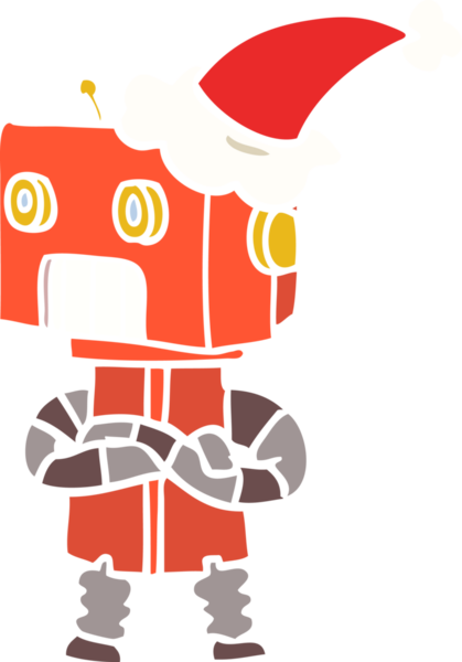 Bir insan tarafından çizilmiş Noel Baba şapkası takan bir robotun düz renkli çizimi