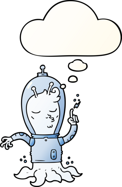 Bir insan tarafından çizilmiş yumuşak eğimli düşünce baloncuklu bir uzaylı çizgi filmi.