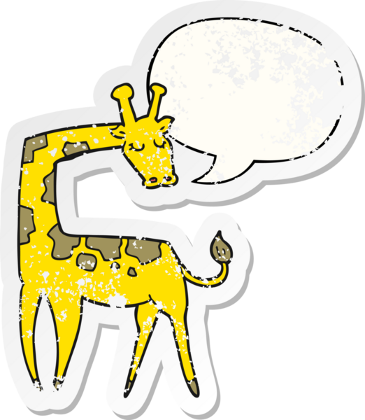 Konuşma balonlu çizgi film zürafası bir insan tarafından çizilmiş sıkıntılı eski bir çıkartma