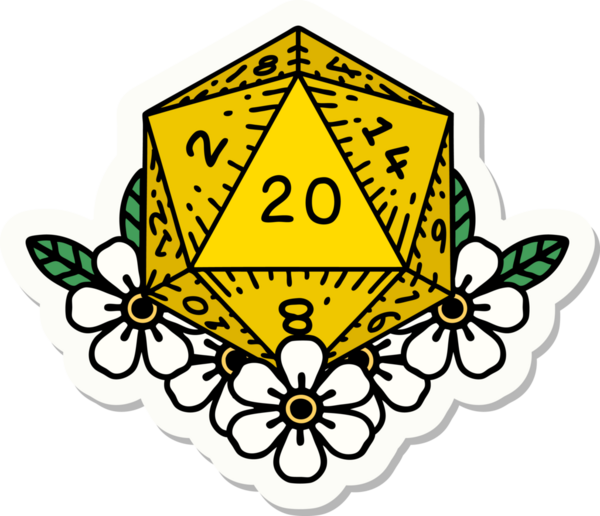 Bir insan tarafından çizilmiş geleneksel bir d20 dövmesi çıkartması.