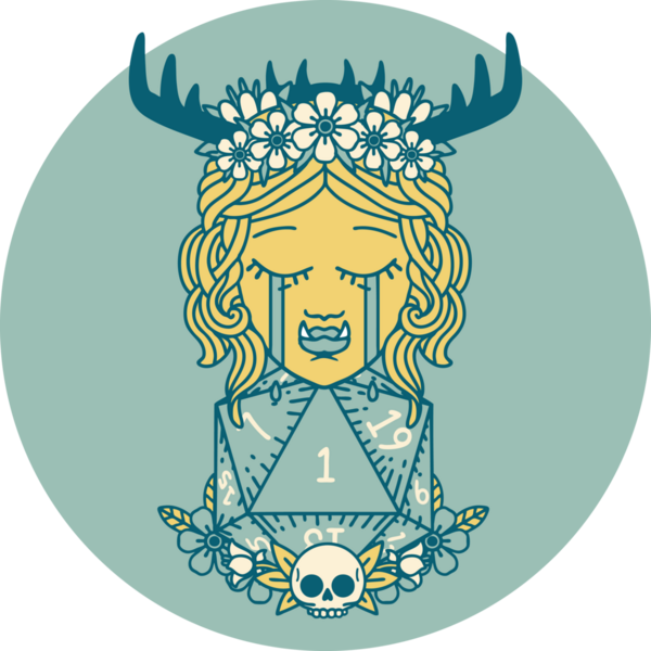 Retro Dövme Tarzı Hüzünlü Yarı Ork Druid Karakteri Bir zar bir insan tarafından çizilmiş