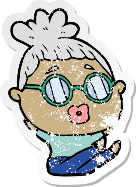 Bir insan tarafından çizilmiş gözlüklü bir kadının karikatür çıkartması.