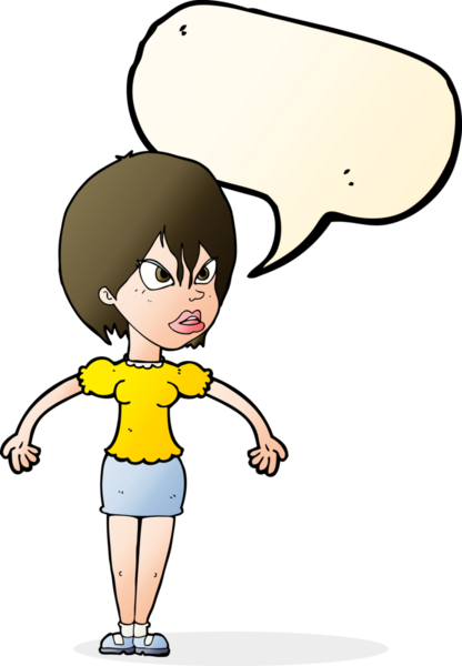 Bir insan tarafından çizilmiş konuşma baloncuğuyla rahatsız bir kadın.