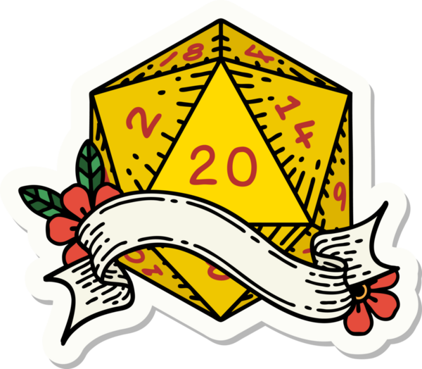 Bir insan tarafından çizilmiş 20 D20 zarının çıkartması.