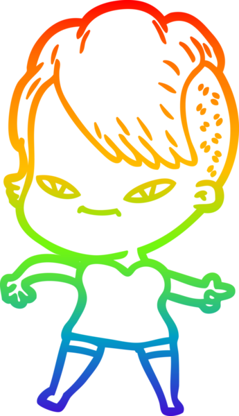 Gökkuşağı gradyan çizimi. Hipster saç kesimi bir insan tarafından çizilmiş şirin bir çizgi film kızı.