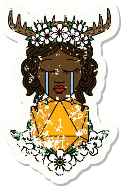 Retro Dövme Tarzı Ağlayan İnsan Druid Bir insan tarafından çizilmiş doğal bir D20 ruloyla