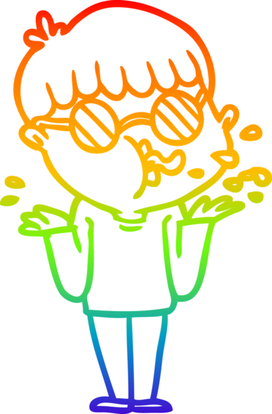 Gökkuşağı gradyan çizgi çizimi gözlüklü bir çocuk bir insan tarafından çizilmiş omuz silkiyor.