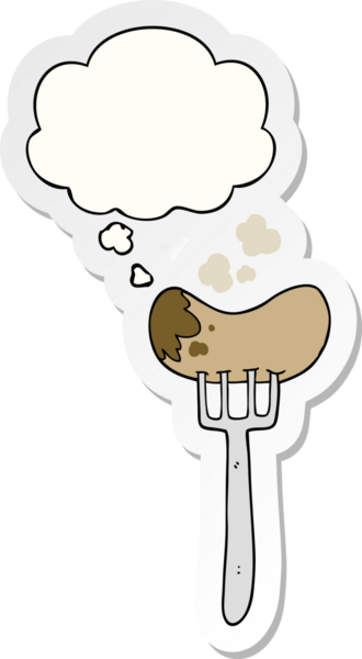 İnsan tarafından çizilmiş bir çıkartma olarak düşünce baloncuklu sosis ve çatal.