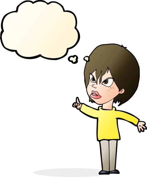 Bir insan tarafından çizilmiş düşünce baloncuğuyla tartışan çizgi film kadını.