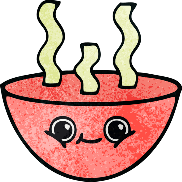 Bir insan tarafından çizilmiş sıcak çorba kasesinin retro grunge desenli karikatürü.